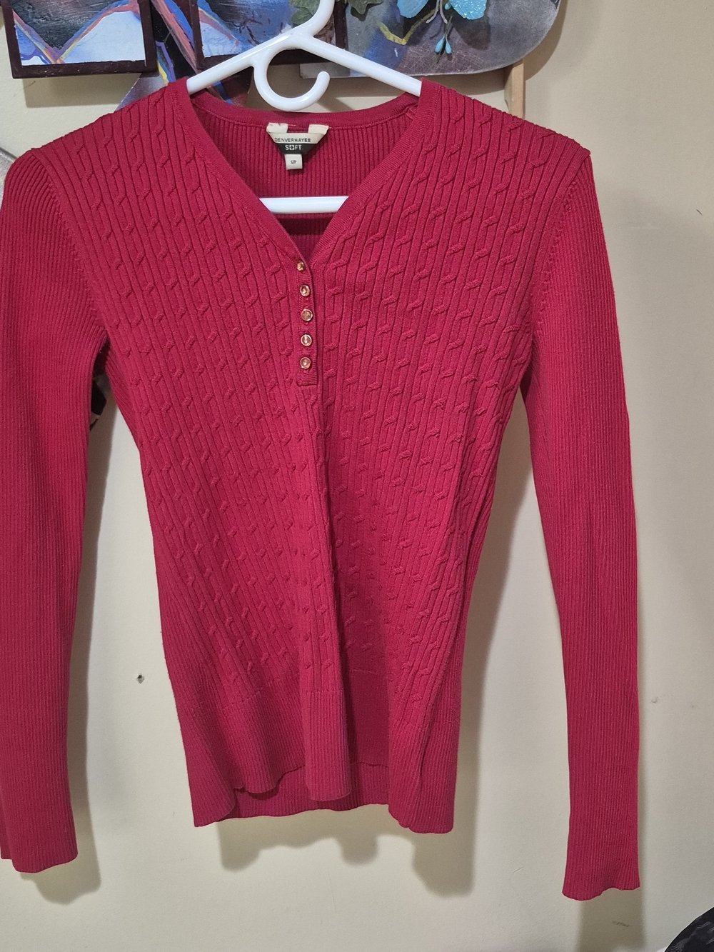 Denver Hayes Raspberry V‑Neck Cable Knit Sweater with Button Placket